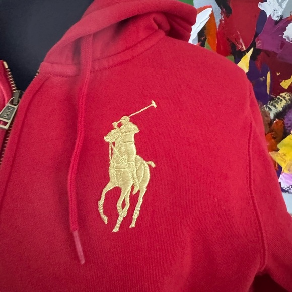 Ralph Lauren Red Hoodie with Gold Logo. Ptp 20” lenght 22,5” - Picture 3 of 5
